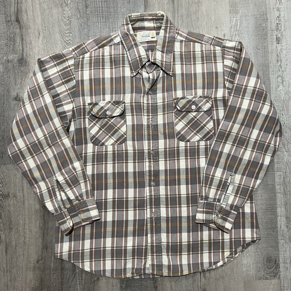 VTG 1970s SAIL Cotton Flannel Sears Roebuck Grey Plaid Button Shirt Men's Large